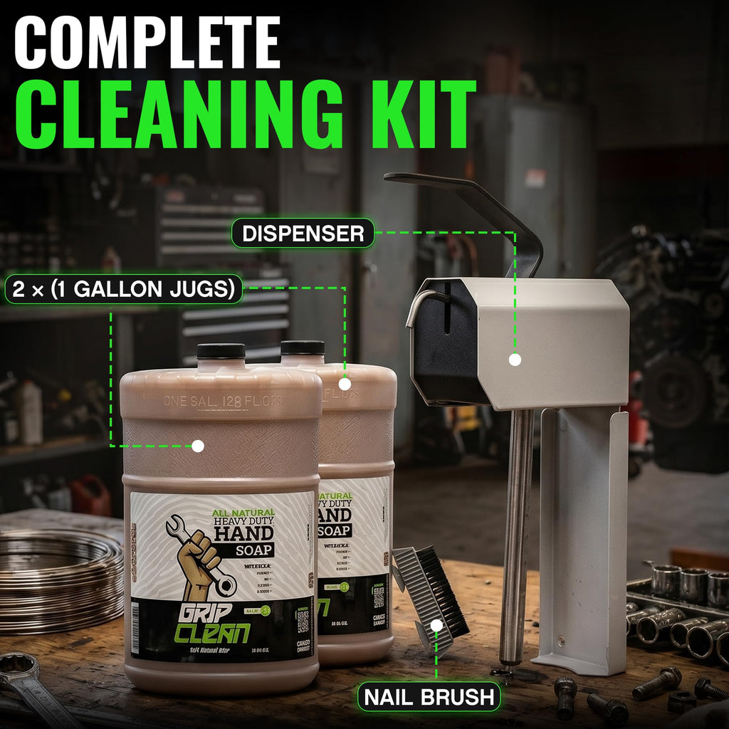 Grip Clean 4 Pk Combo – Hand Cleaner for Mechanics with Wall-Mounted Soap Dispenser + 2 Gallons Heavy-Duty Liquid Pumice Hand Soap, Natural Clay & Coconut Oil for Auto Mechanics, Industrial, & Garage
