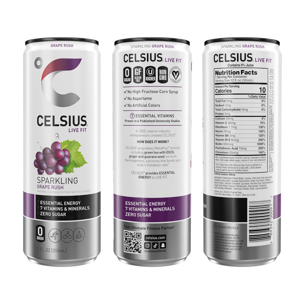 CELSIUS Sparkling Grape Rush, Sugar Free Energy Drink, 12 Fl Oz (Pack of 12)