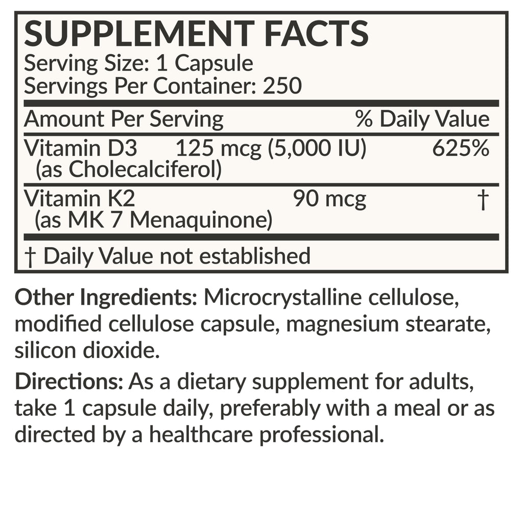 Futurebiotics Vitamin K2 (MK7) with D3 Supplement - Non-GMO Formula - 5000 IU Vitamin D3 & 90 mcg Vitamin K2 MK-7, 250 Vegetarian Capsules
