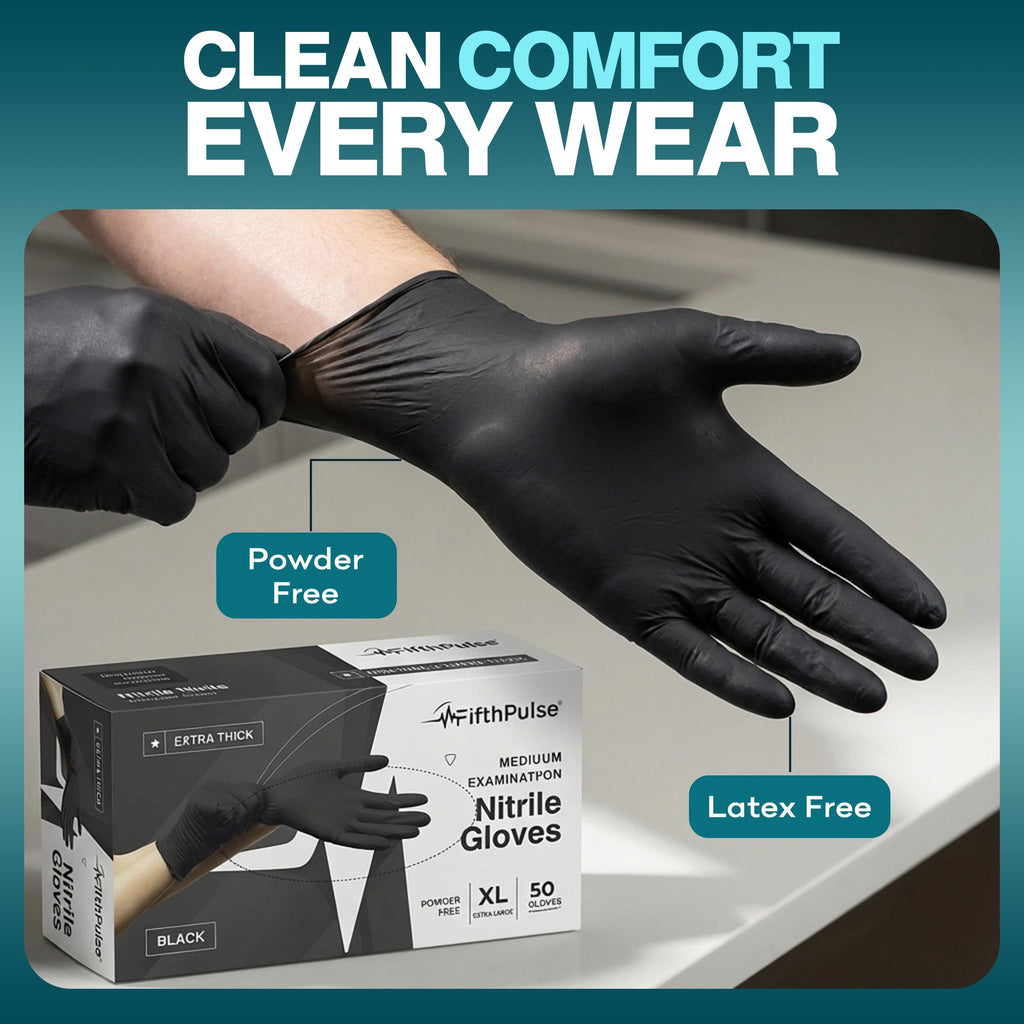 Disposable Black Nitrile Gloves Large 50 Count - Extra Thick 4.5 Mil - Powder and Latex Free Rubber Gloves - Surgical Medical Exam Gloves - Food Safe Cooking Gloves