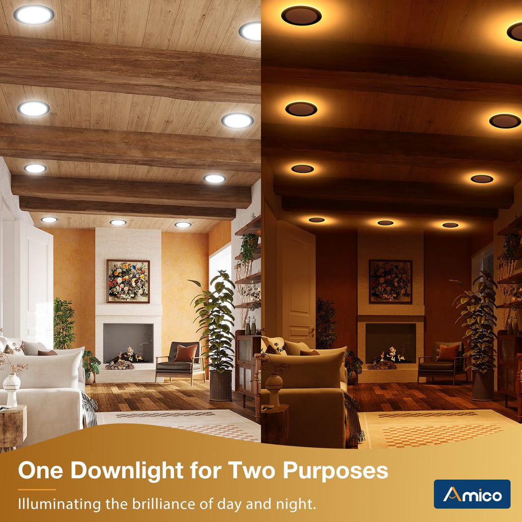 Amico 12 Pack Black 6 Inch 5CCT LED Recessed Ceiling Light with Night Light, 2700K/3000K/3500K/4000K/5000K Selectable Ultra-Thin Lighting, 12W=110W, 1100LM, Dimmable Canless Wafer Downlight - ETL&FCC