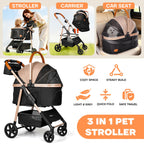 Dog Cat Stroller for Small/Medium Pets up to 50 lbs, 3-in-1 Foldable Pet Stroller with Detachable Carrier, Car Seat, Storage Basket, Cup Holder, Hanging Bag, Rain Cover, All-Terrain 4 Wheels (Khaki)