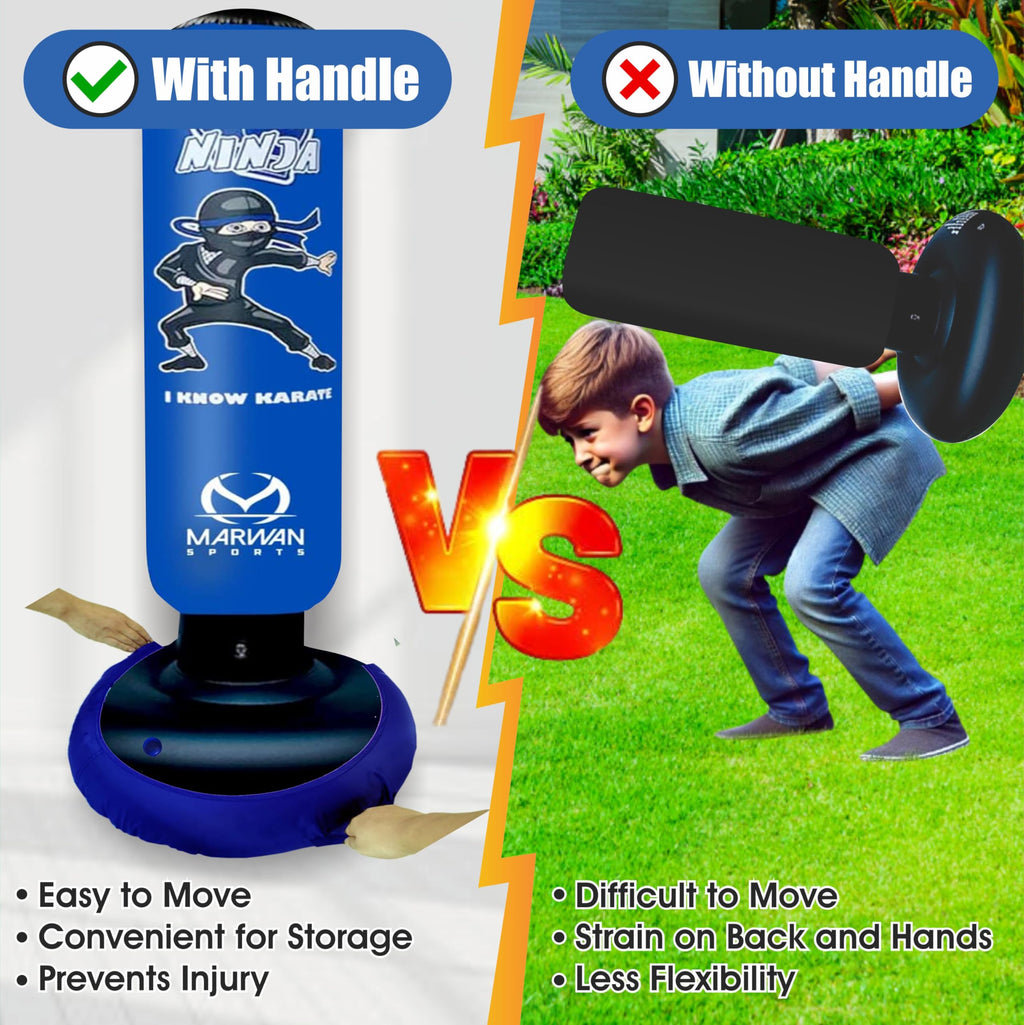 Marwan Sports 5-in-1 Kids Punching Bag Set with Gloves, Pump & Funnel – 63” Inflatable Boxing Bag for Kids 4-12, Durable PVC, Fast Rebound, Waterproof Base Cover with Handles, Gift for Boys & Girls
