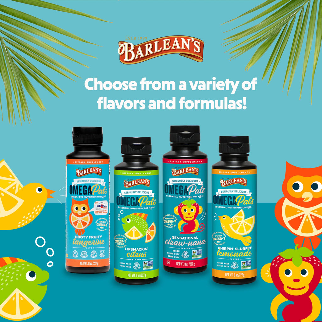 Barlean's Omega Pals Eye Health Liquid, Tangerine Flavored Omega 3 for Kids, Fish Oil Supplement with 500 mg of EPA & DHA Plus Lutein & Zeaxanthin Vitamins for Blue Light Support, 8 oz