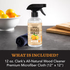CLARK'S Natural Cutting Board Spray Cleaner, with Microfiber Cloth, for Wood Countertop – Pure Ingredients Filtered Water, Distilled Vinegar, Castile Soap, Lemon & Orange Citrus Oil Extracts, 12oz