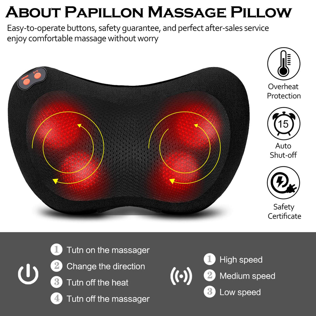 Papillon Back Massager with Heat,Shiatsu Pillow for Body Pain Relief Black