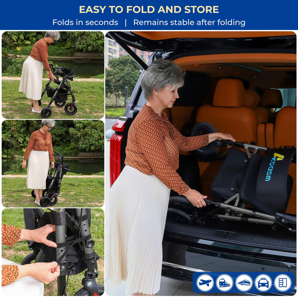 Foldable Rollator Walker for Seniors with Seat, Lightweight 2 in 1 Rolling Walkers Wheelchair Combo for Adult, Transport Chair with Brakes, Adjustable Seat and Handle, 300 Lb, Steel Grey