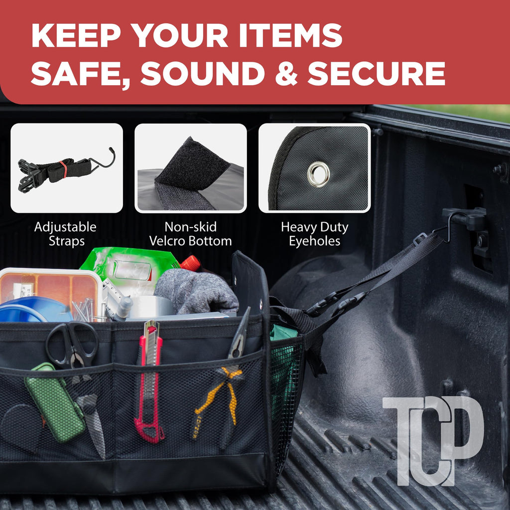 TRUNKCRATEPRO Extra Large Multi Compartments Collapsible Portable Trunk Organizer with Metal Hooks, Recommended for Really Large Loads Black Extra Large