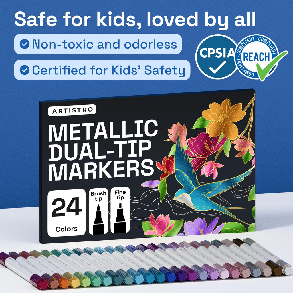 ARTISTRO 24 Metallic Dual-Tip Acrylic Paint Marker Pens for Drawing