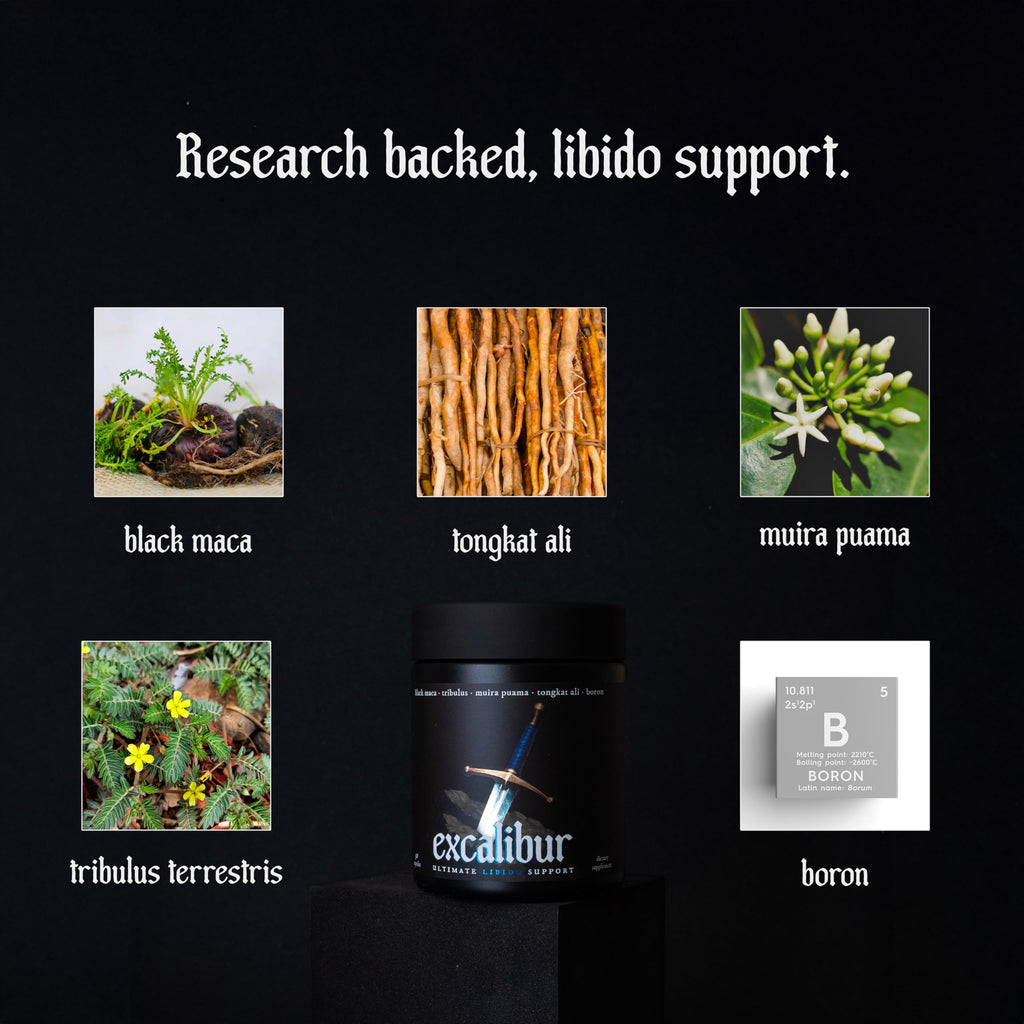 Excalibur - Libido Booster | Testosterone, Hormone & Libido Support for Men | Black Maca, Muira Puama, Tribulus Terrestris, Tongkat Ali, & Boron | One Month Supply, Boost Drive, Desire, and Blood Flow