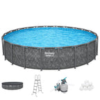 Bestway APX 365 22' x 52" Above Ground Pool, Round Metal Frame Outdoor Swimming Pool Set with Sand Filter Pump, Ladder, and Cover, Dark Marble