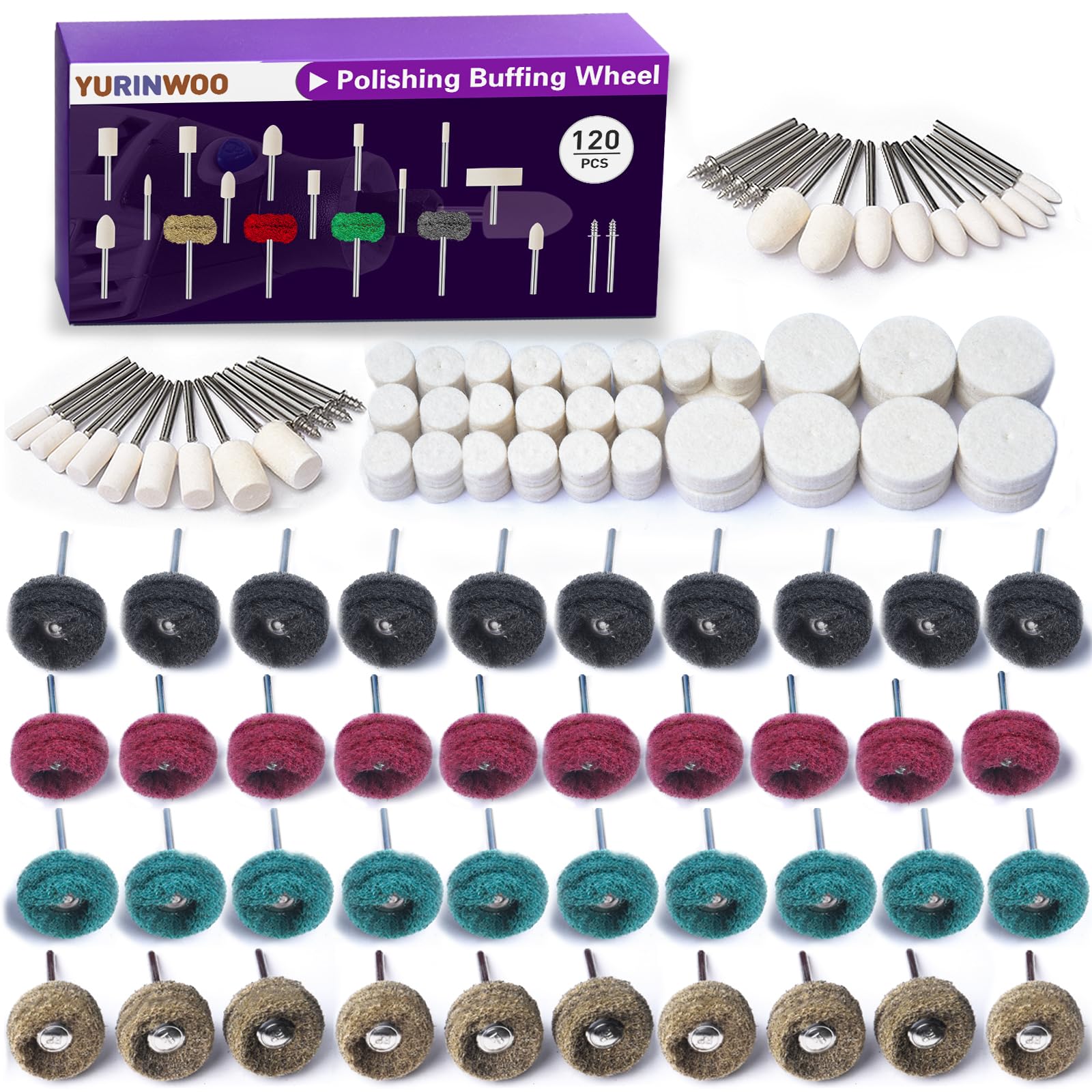 120 PCS Polishing Kit for Dremel, Abrasive Buffing Wheels for Rotary Tool Accessories with 1/8 Inch Shank, Polishing Bits for Metal Wood Watch Jewelry Brass