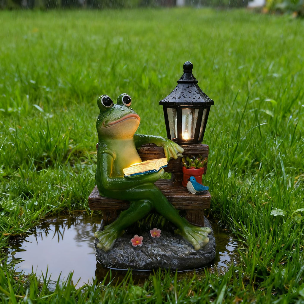 SAMPU Craft Reading Frog Solar Garden Statue with Lantern Light
