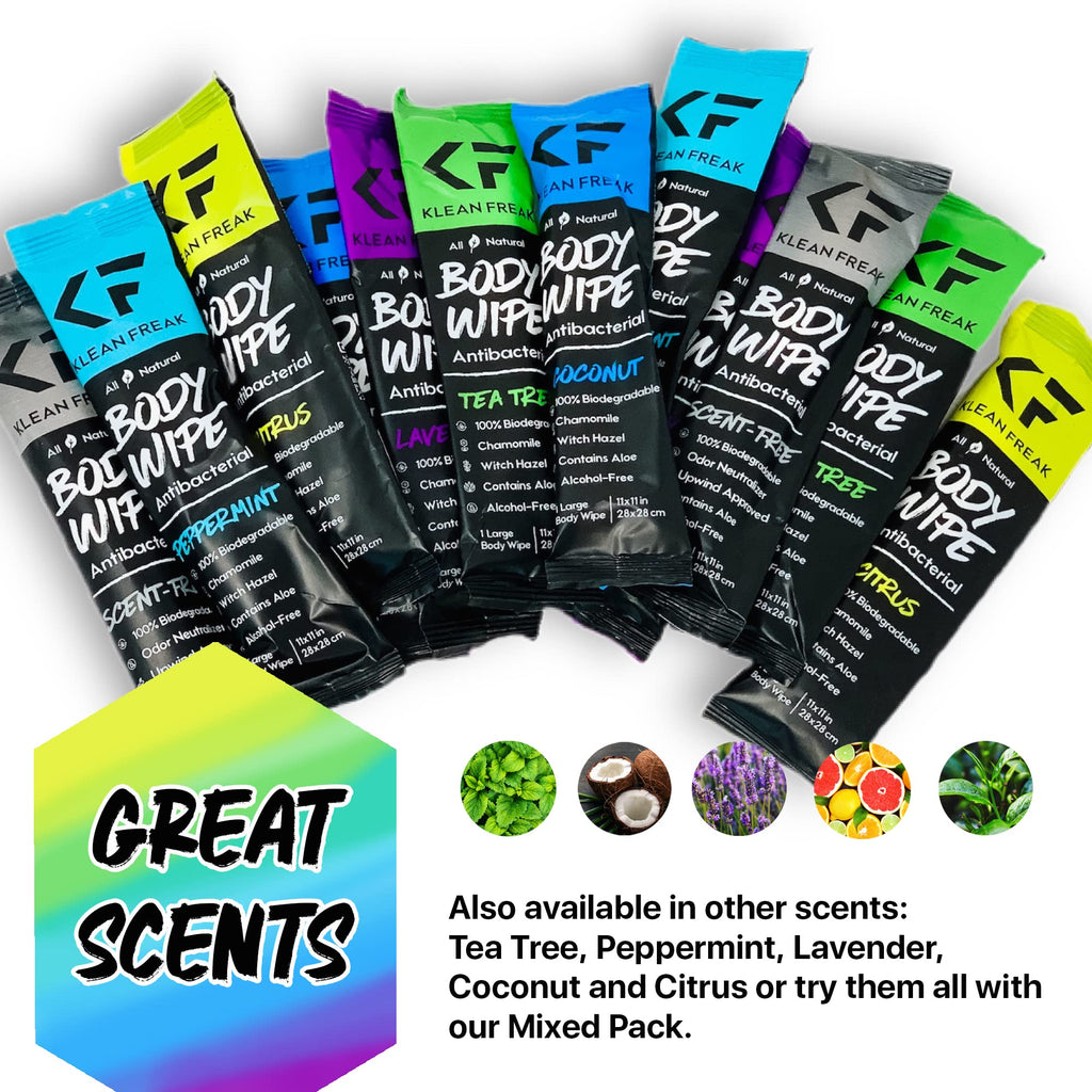 The Klean Freak Body Wipes - 12 count Individually Wrapped | Showerless Body Wipe for Women & Men | Sustainable Bodywipes for Gym, Travel, Camping | Mixed