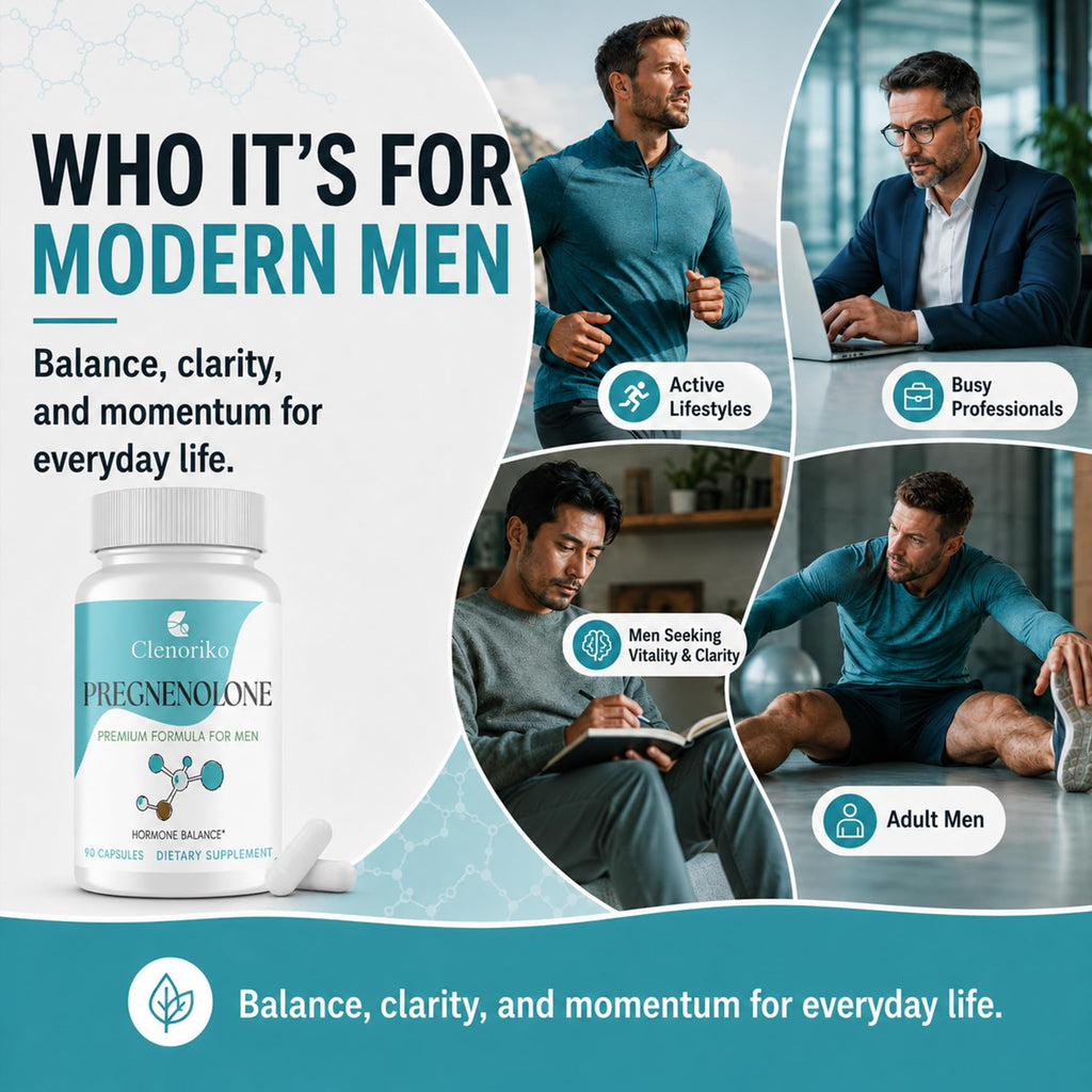 Clenoriko Pregnenolone 50mg with DHEA 25mg for Men, Tongkat Ali & Ashwagandha Root Blend, Men's Wellness Formula, Pregnenolone Supplement, 180 Capsules