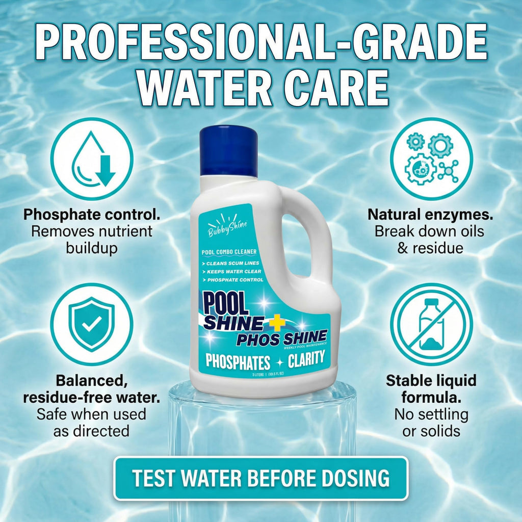 3-in-1 Pool Cleaner Combo – 3 L (101.5 fl oz) – Pool Chemicals, Phosphate Remover, Pool Clarifier + Enzyme Cleaner, Waterline Scum Control, Skimmer-Pour Weekly Maintenance, Saltwater Safe – BubbyShine