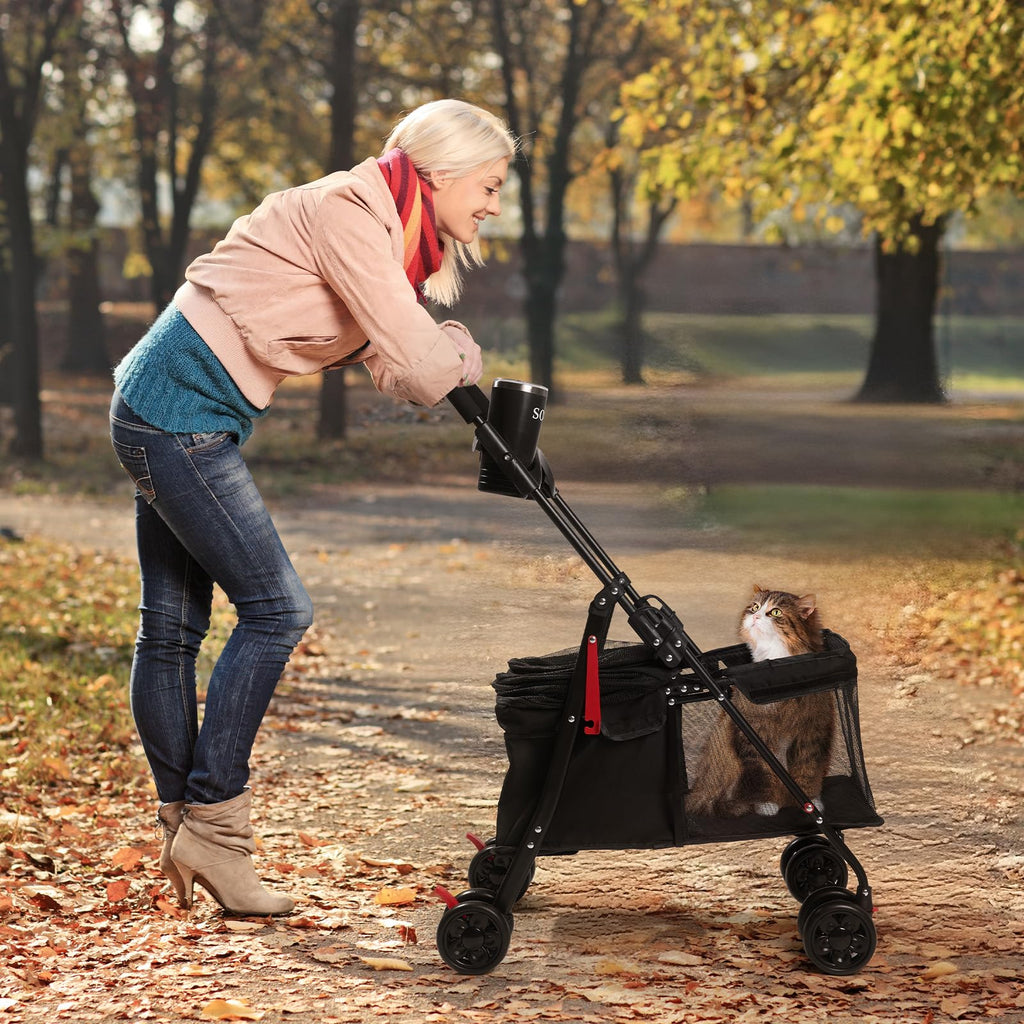 Foldable Pet Stroller for Small/Medium Pets up to 22 lbs - Lightweight 4-Wheel Design with Sun Canopy, Storage Bag & Breathable Mesh（Black