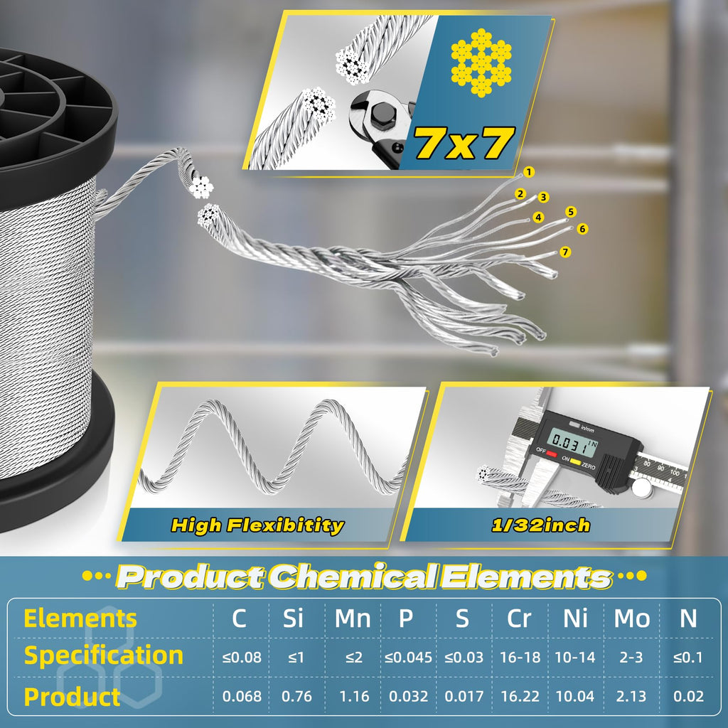 316 Stainless Steel Cable, 200FT 1/32IN Wire Rope with 50Pcs Aluminum Sleeves Stops, for String Lights Hanging, Clotheslines, Trellis Wire