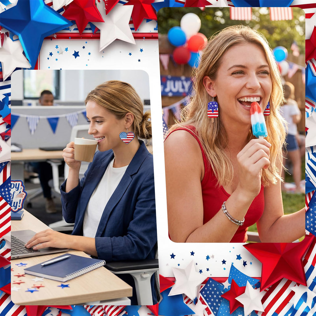 Landical 30 Pairs Glitter 4th of July Patriotic Earrings Bulk for Women Double Sided Print 250th Anniversary Independence Day Wooden Earring American Flag Red White Blue Jewelry Gift for Party