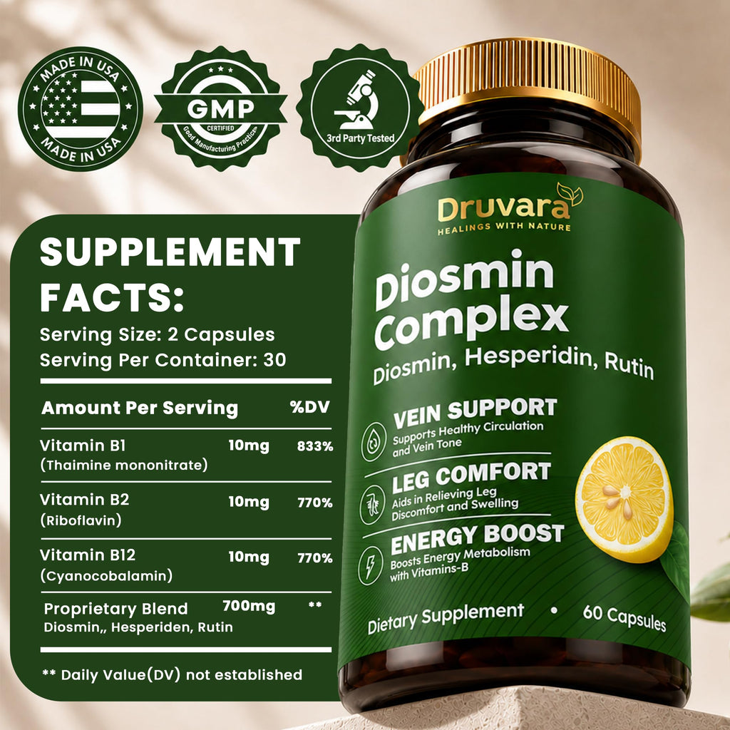 Druvara Diosmin Hesperidin with Rutin & B Vitamins | Vein Support Supplement for Leg Comfort, Healthy Circulation, Vein Strength & Improved Mobility - 60 Capsules