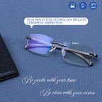 Missfive Premium Aluminum Progressive Multifocus Reading Glasses Men Blue Light Blocking, No-Line Spring Hinge Rimless Office Multifocal Metal Readers,1.25x-2.5x on A Lens for Near Range, Gunmetal