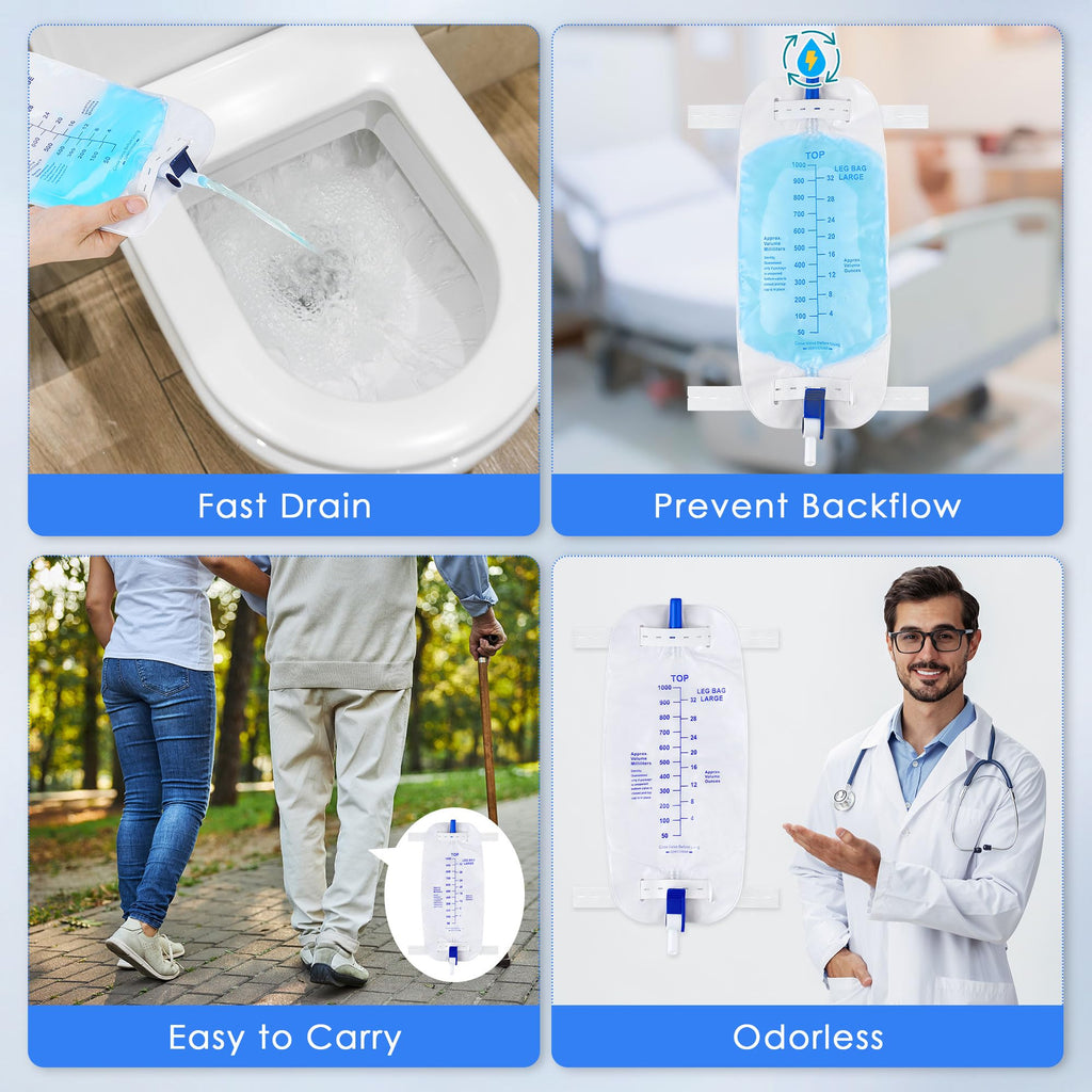 Geiserailie 5 Pack 1000ml Leg Bag Urinary Drainage Bag with Anti Reflux Valve, 33.8oz Large Capacity Urine Leg Catheter with Cloth Straps, Easy Flip Drain, Urinary Catheter for Men, Women