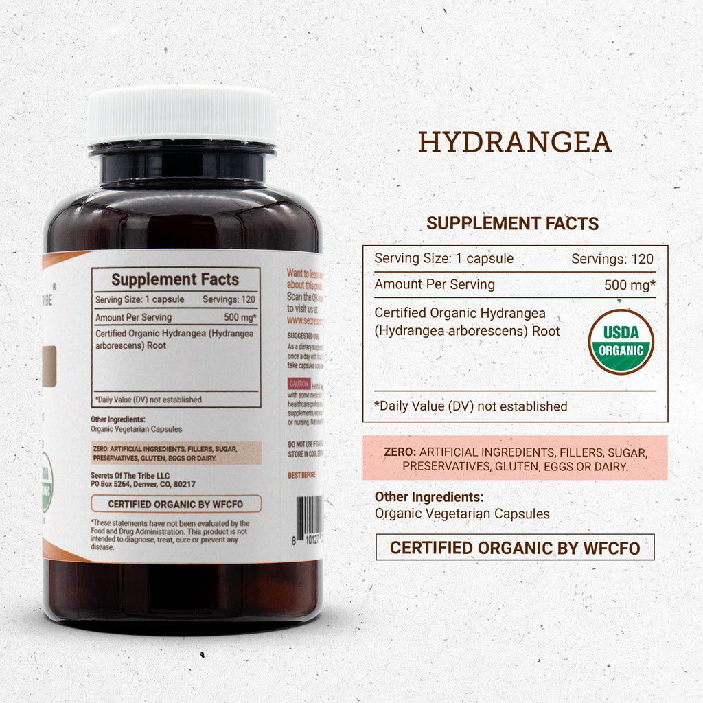 Secrets of the Tribe Hydrangea USDA Organic Capsules | Certified Organic Vegetarian Capsules, Herbal Dietary Supplement | Hydrangea arborescens Dried Root (120 Count)