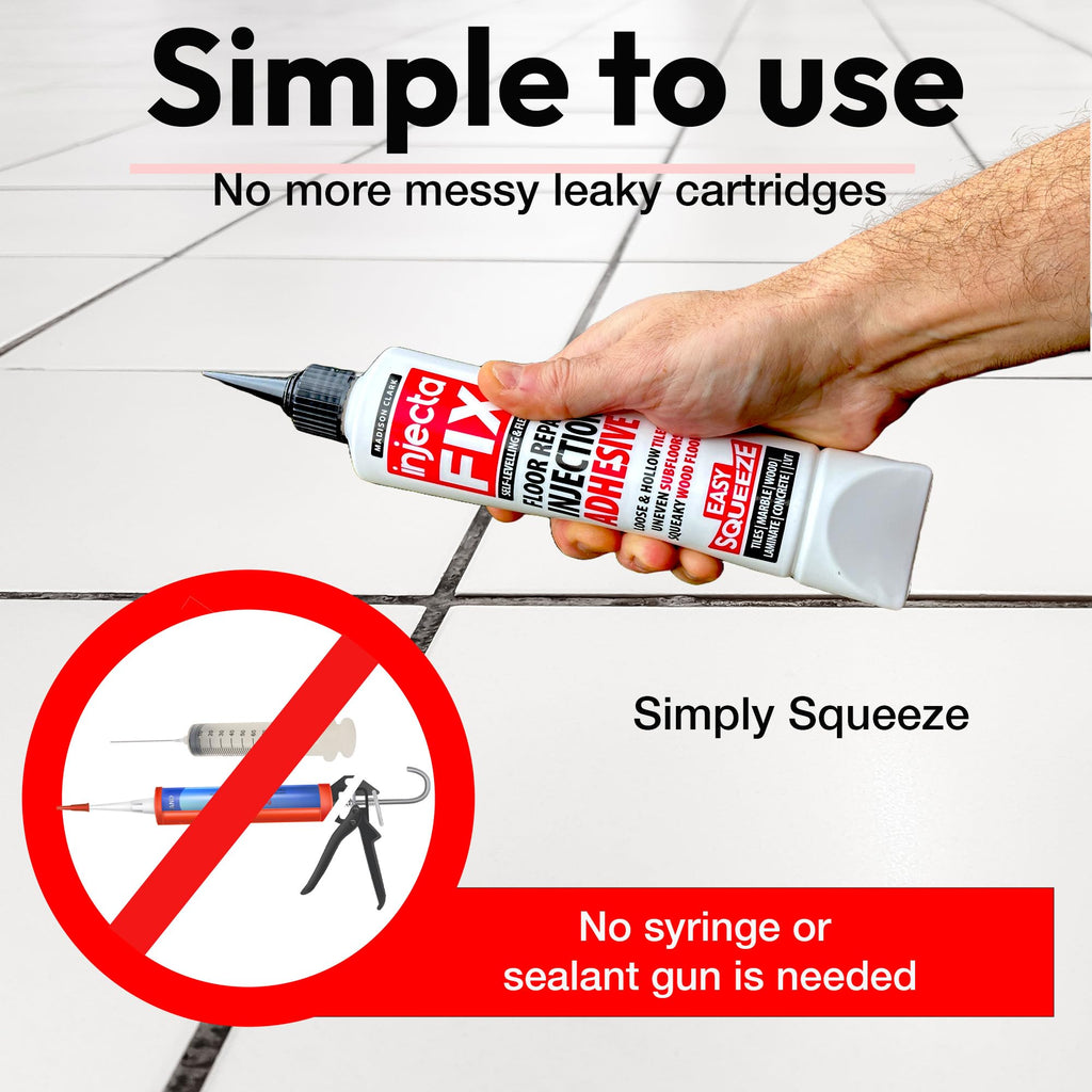 Floor-Fix Pro Easy Squeeze - Extra Strength Adhesive - Fix Loose & Hollow Tiles, Squeaky Wood & Laminate - Includes Built in 5/64” Syringe Tip - No Sealant Gun Required (10.1 Fl Oz)