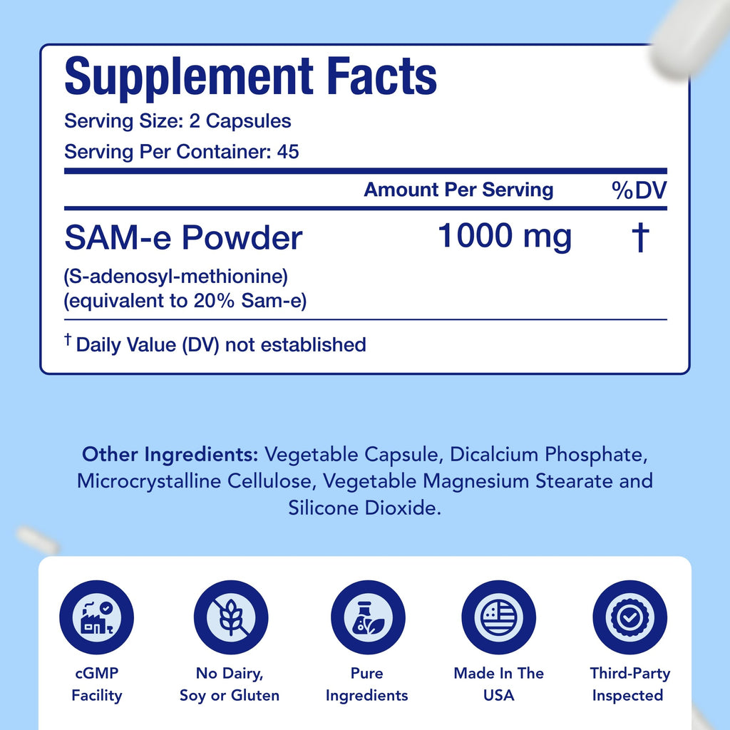 NasaBeahava Extra Strength SAM-e Supplement | Same S-Adenosyl-L-Methionine 1000mg per Serving for Bone and Mood Support Supplement | Made in the USA Non-GMO and Gluten Free (45 Day Supply) (Single)