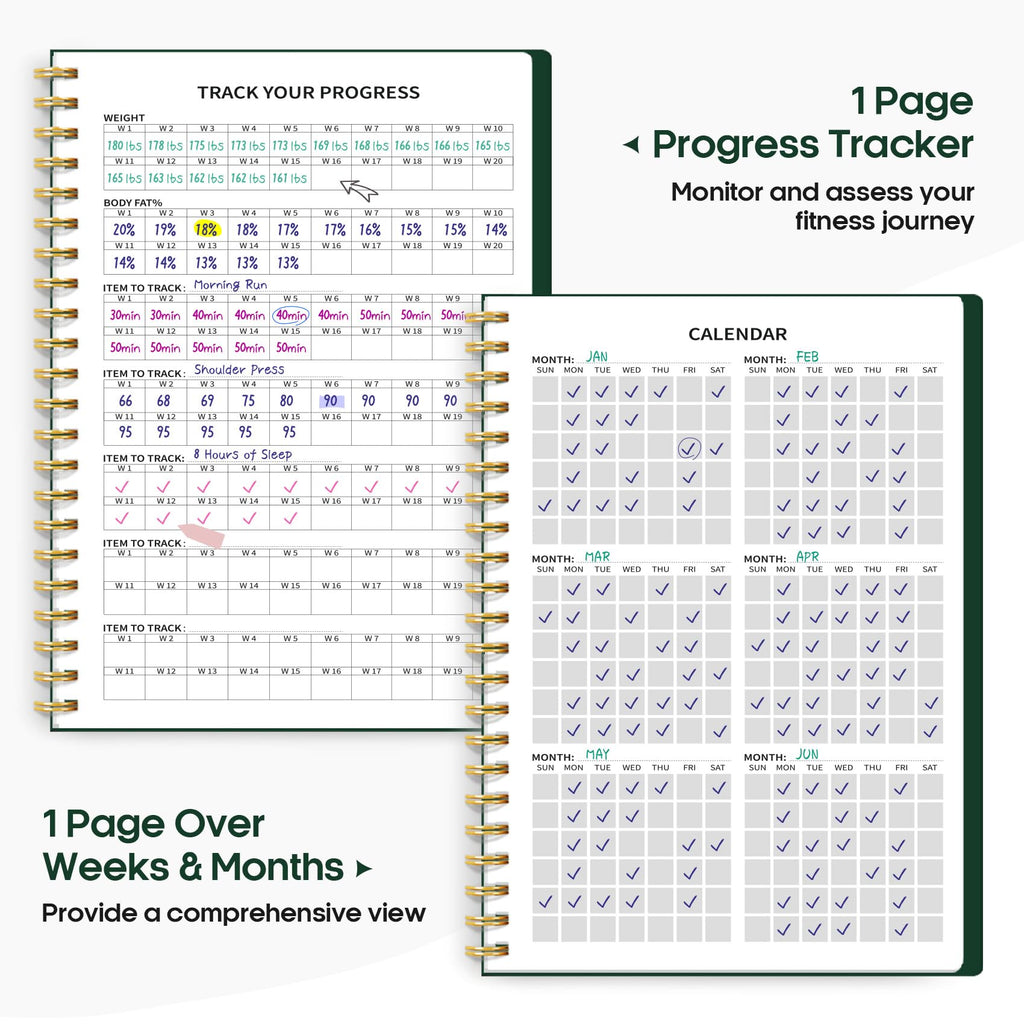 Fitness Workout Journal for Women & Men, A5(5.5" x 8.2") Workout Log Book Planner for Tracking, Progress, and Achieving Your Wellness Goals-Dark Green