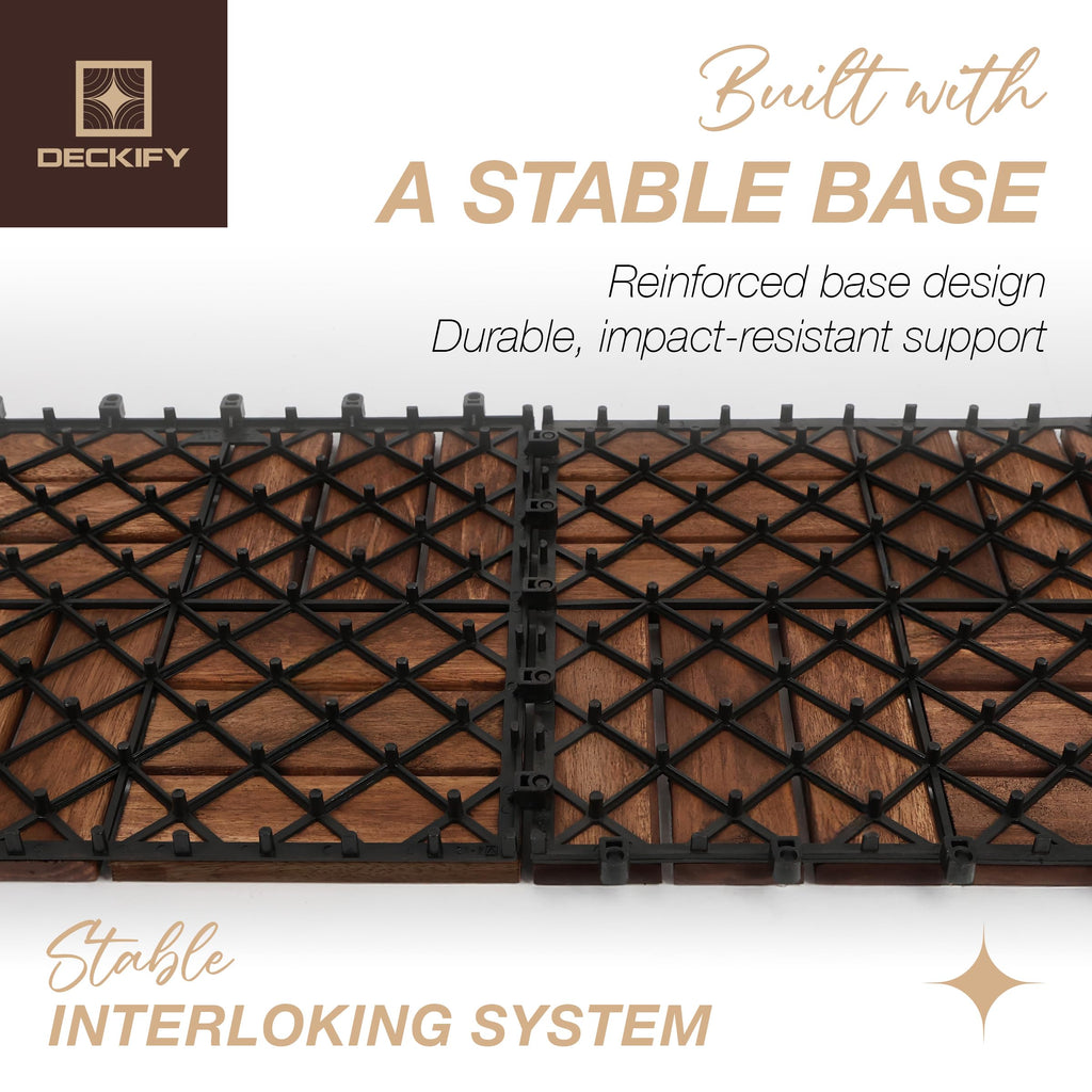 DECKIFY 9Pcs Acacia Wood Interlocking Patio Deck Tiles, 12 x 12 x 0.9 Inch Outdoor Flooring, Waterproof for All-Weather Use – Crossed, Dark Brown