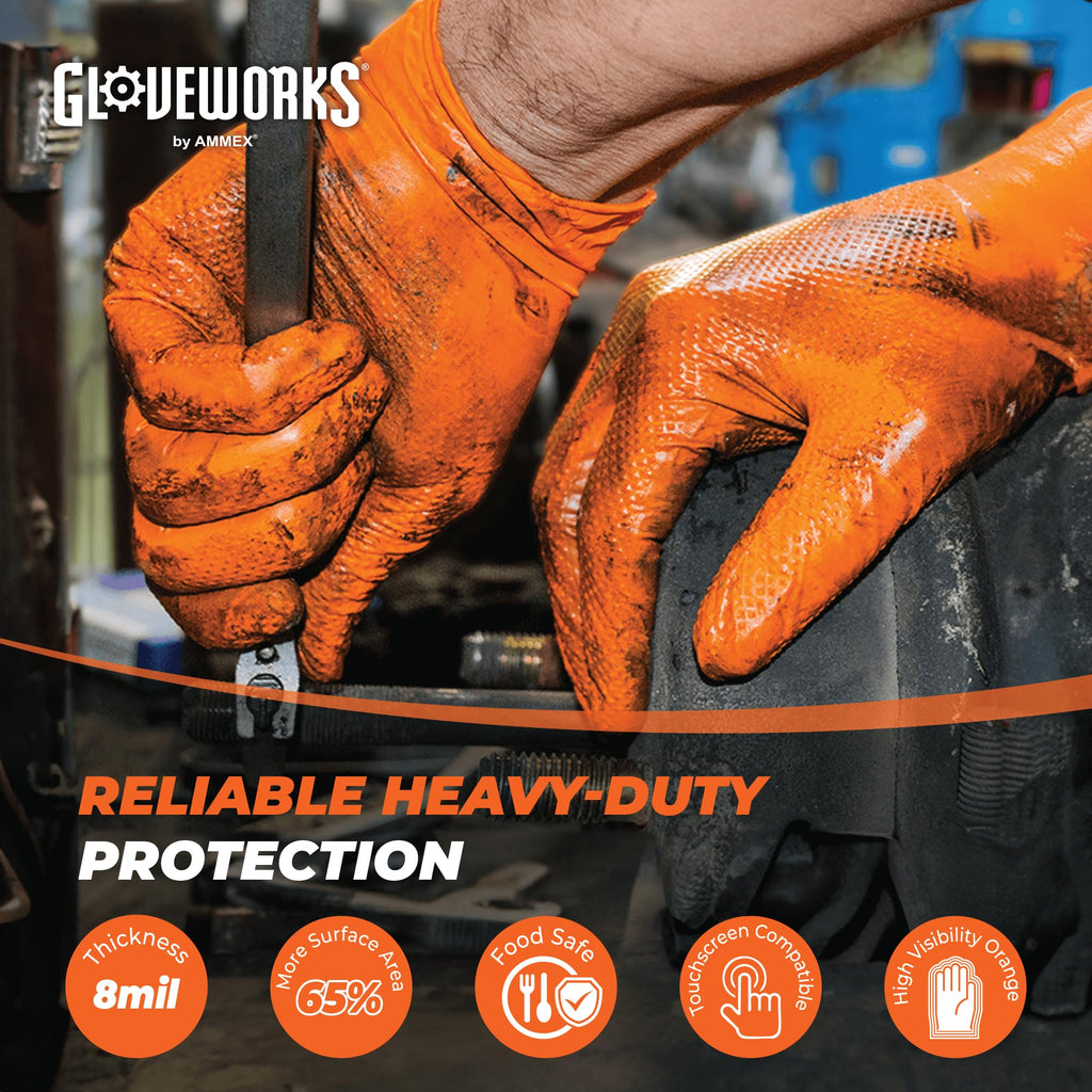 GLOVEWORKS 8 Mil Orange Nitrile Disposable Gloves Heavy Duty Industrial RDT for Mechanic and Automotive, XXL 4 Boxes of 100