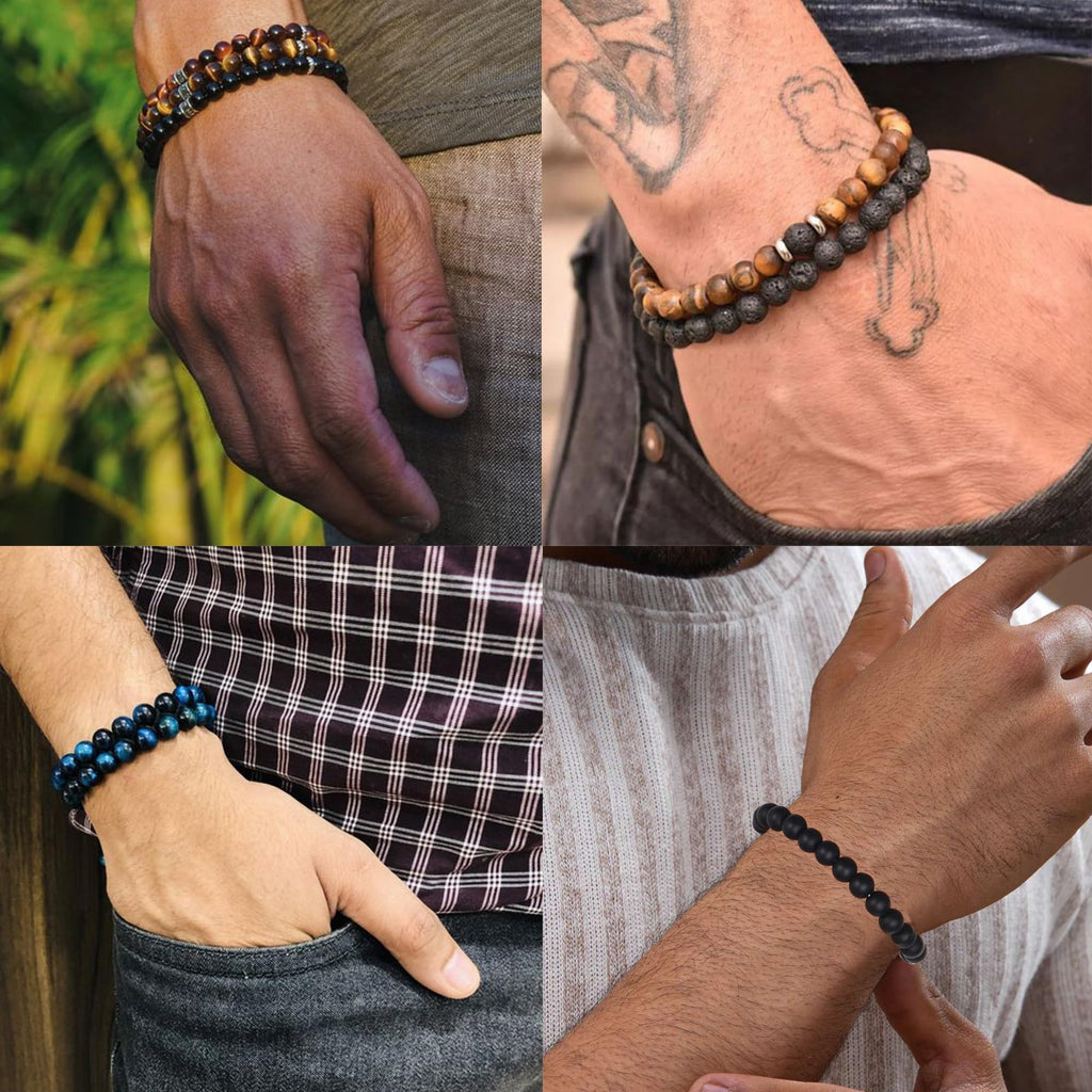 FIRAZIO 10 Pcs Tiger Eye Bracelet For Men 8MM Natural Stone Beads Bracelet Set Stretch Lava Rock Bracelets Adjustable Black Crystal Beaded Bracelet for Men Women Gift