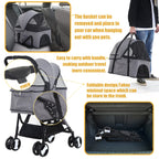 Dog Stroller 3-in-1 Folding Dog Stroller for Medium Small Dogs Pet Stroller Cat Stroller 4 Wheels with Detachable Carrier Storage Basket Waterproof Lightweight for Travel,Grey
