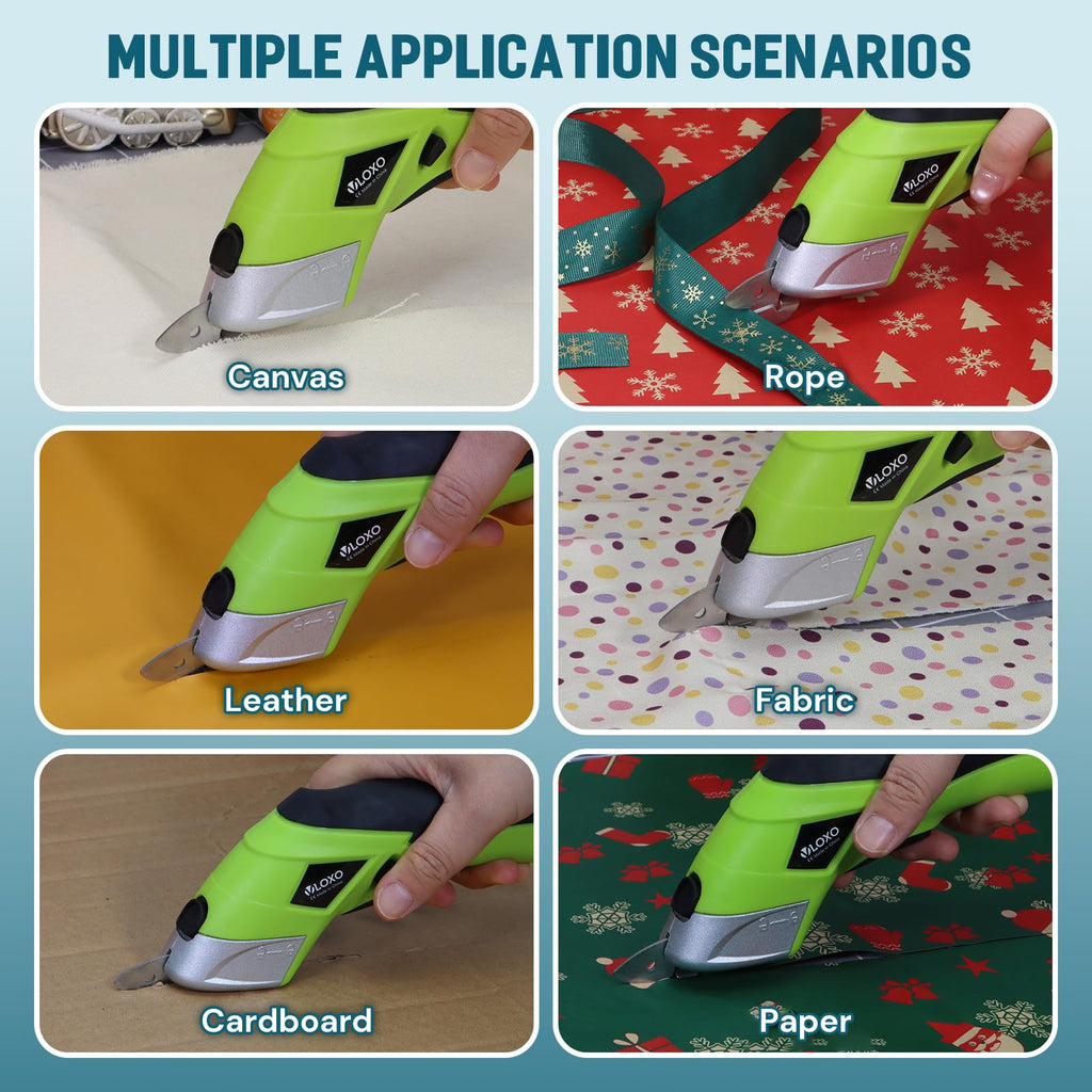 Cordless Electric Scissors, VLOXO Cardboard Cutter Electric Fabric Scissors with Blades Rechargeable Powerful Fabric Cutter for Crafts Leather Carboard Carpet Plastic Felt with Case Green CS4001