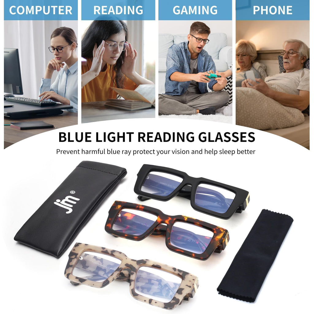 JM 3 Pack Oprah Style Reading Glasses for Women Men with Spring Hinge, Fashion Oversized Square Blue Light Blocking Readers +2.5