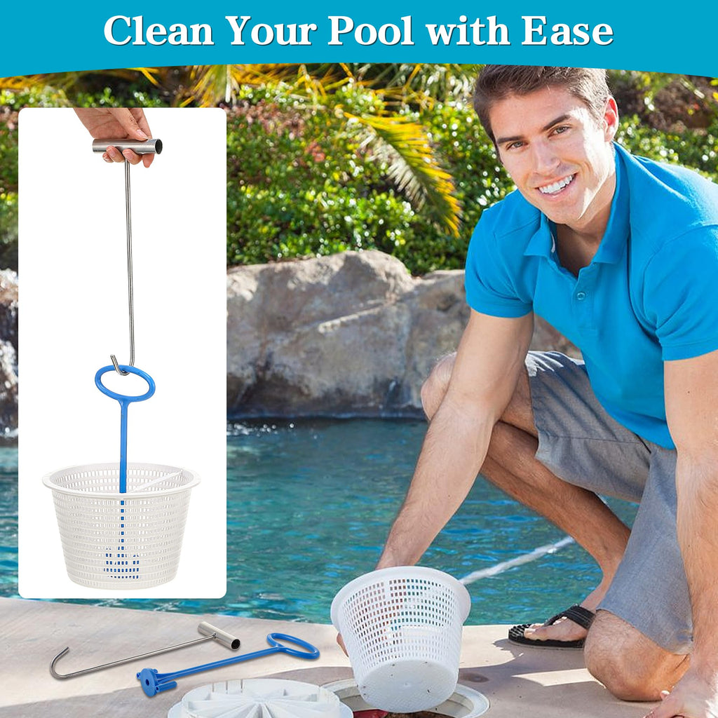 Saillong 2 8" Pool Skimmer Basket for Inground Pool & 2 Skimmer Basket Handle & 1 Stainless Steel Hook, Universal Pools Skimmers Baskets Replacement for Debris Removal, Keep Hands Clean(Blue, White)