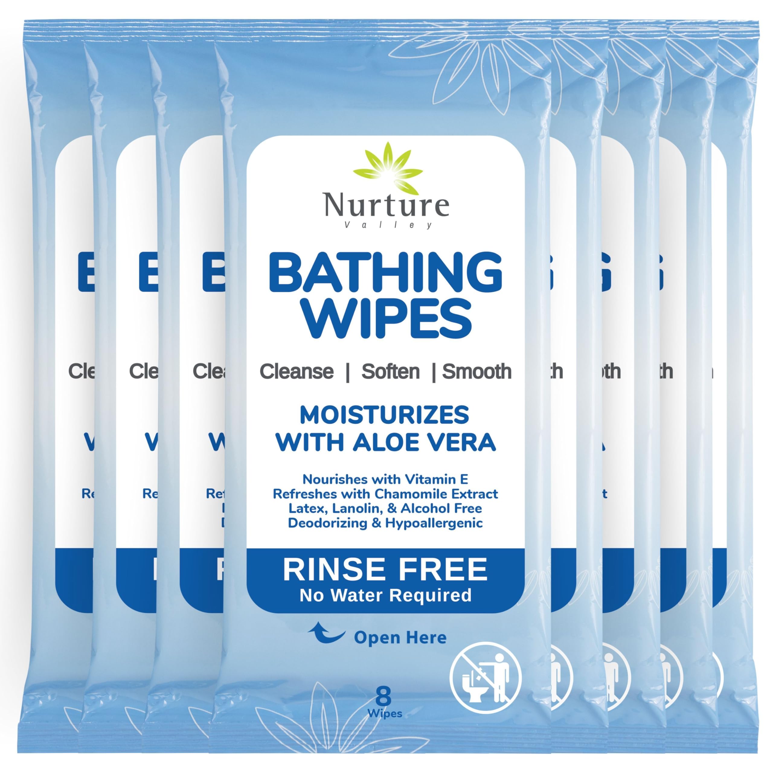 Nurture Rinse Free Bathing Wipes for Adults w/Aloe | Waterless Cleansing for sensitive skin | Disposable Adult Body Bath Wet Wipe for Disabled Bedridden | 64 wipes