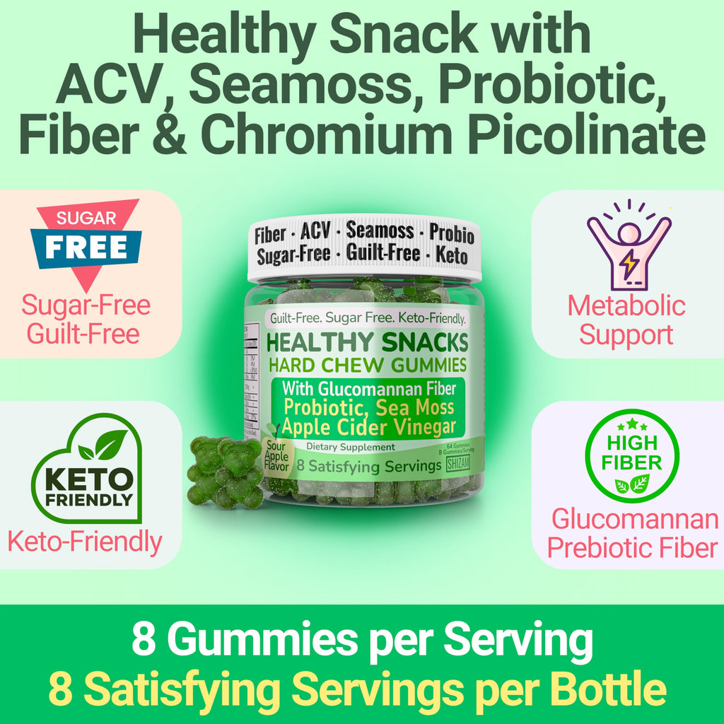 High-Fiber Keto Snacks, Healthy Snack for Adults, Chromium Picolinate Seamoss ACV Gummies, Gluten Free No Sugar Low Calorie & Carb Prebiotic Fiber Gummy Snack Candy, Apple Cider Vinegar Irish Sea Moss