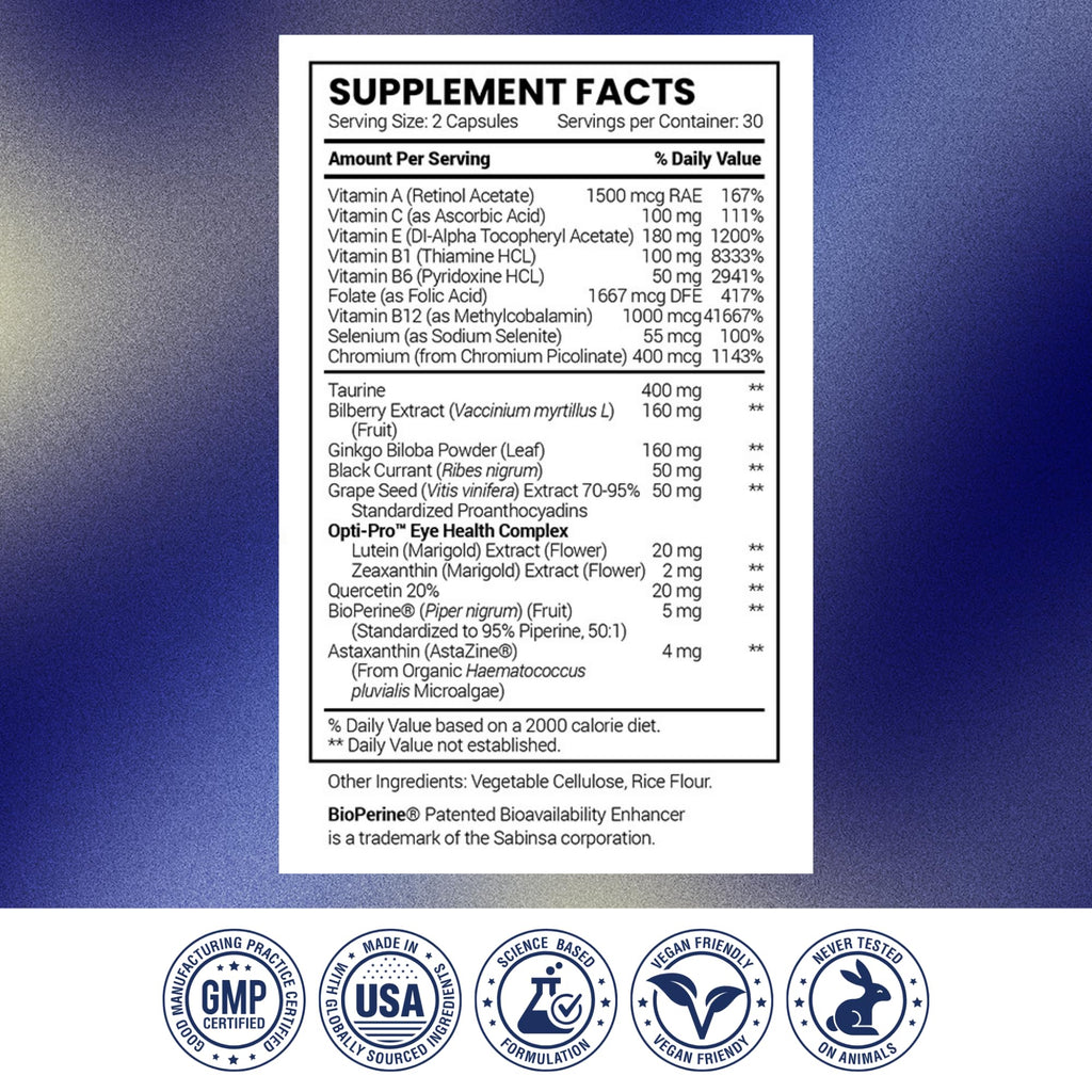 Research Verified Eye Health - Nourish and Protect Eyes and Vision, Support Healthy Retina, Improve Blood Supply to Eyes - Vitamins A, B, C, and E - 60 Capsules - Made in the USA