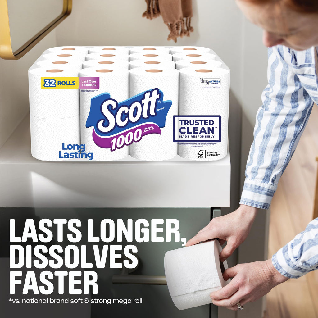 Scott 1000 Trusted Clean Toilet Paper, 32 Rolls, Septic-Safe, 1-Ply Toilet Tissue