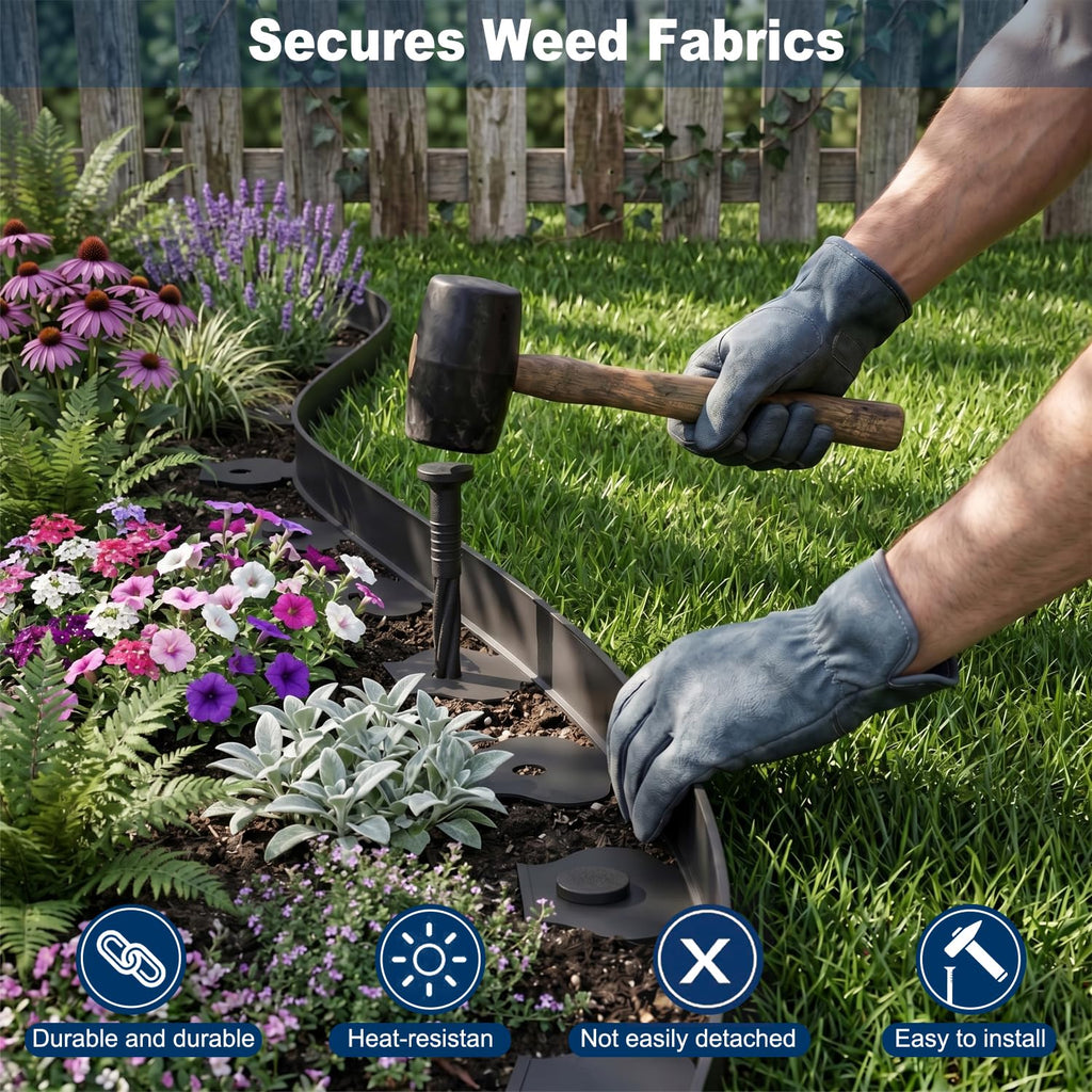 Landscape Edging Border Kit Includes 40 ft of Lawn Edging and 40 Spikes. This Garden Plastic Edging Border is Perfect for Landscaping, Flower Gardens, and lawns. (Black-40ft)