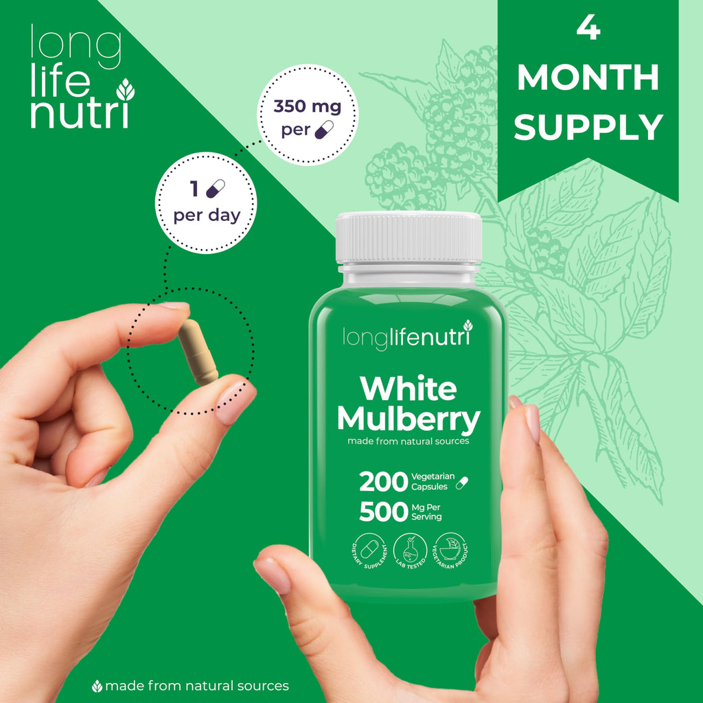 White Mulberry Leaf Extract 500mg - Sourced from Morus Alba Leaf, 200 Vegetarian Capsules, Supplement for Natural Balance and Wellness, 200-Day Supply, GMP Certified, Made in USA