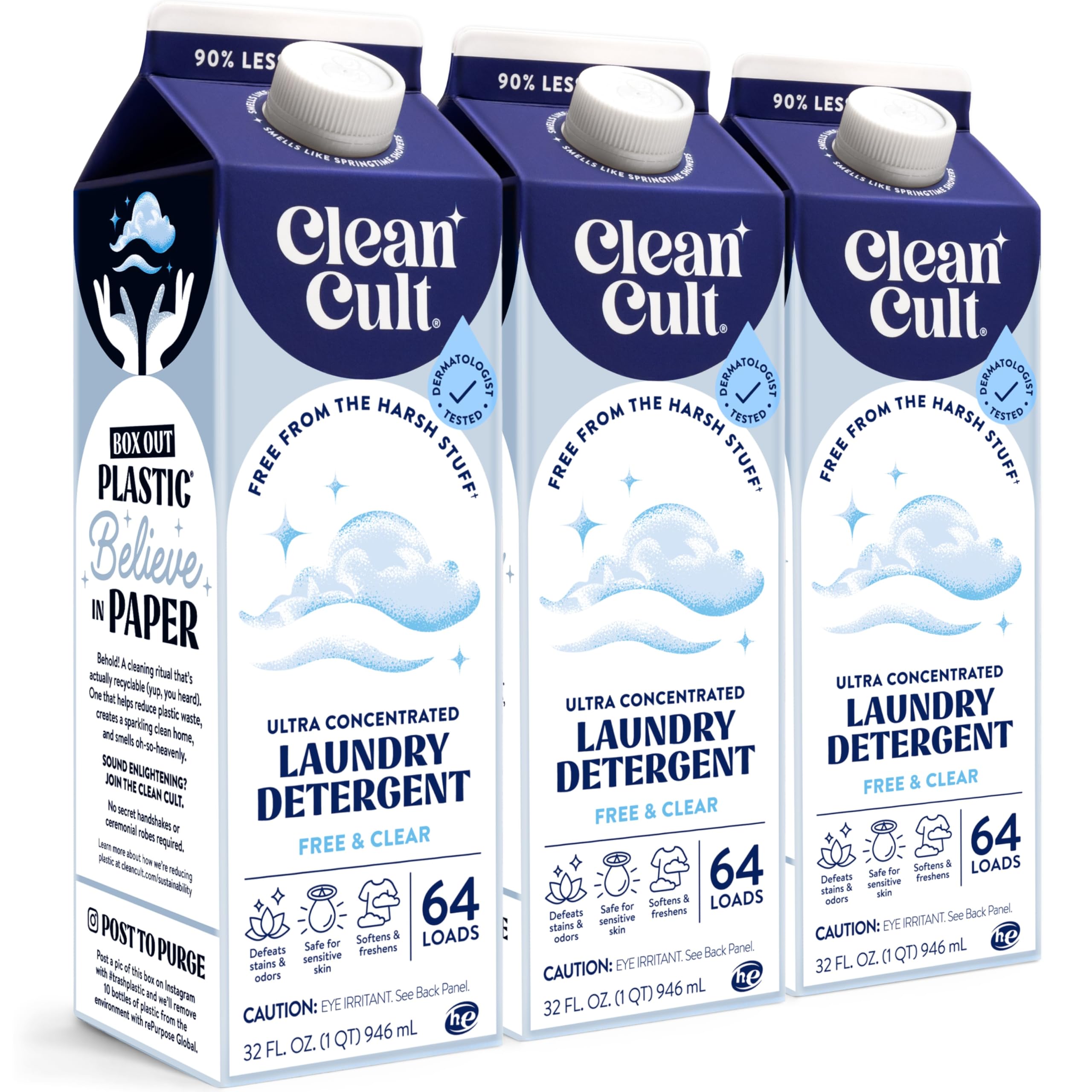 Ultra Concentrated Liquid Laundry Detergent Soap, 192 loads (96 oz), 90% Less Plastic, No Harsh Chemicals, Free & Clear, Defeats Stains & Odors, Eco-friendly, HE/Standard Compatible
