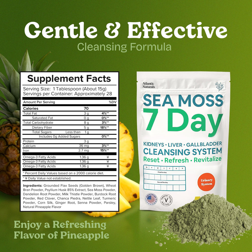 Atlantic Naturals Sea Moss 7 Day Detox Liver, Gallbladder & Kidney Cleanse - Support with Dandelion Root, Milk Thistle, Burdock Root, Red Clover, Chanca Piedra - Pineapple Flavor Drink Mix (14 oz)