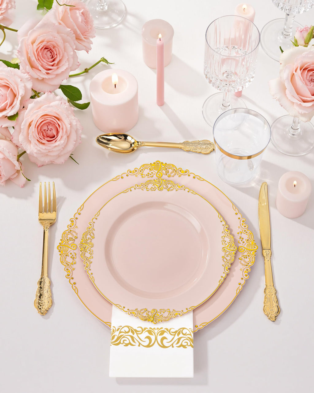 Nervure 350PCS Pink Plastic Plates - Pink Plastic Dinnerware Sets for 50 Guests - 100 Disposable Plates, 150 Gold Silverware, 50 Cups, 50 Napkins Perfect for Wedding & Party