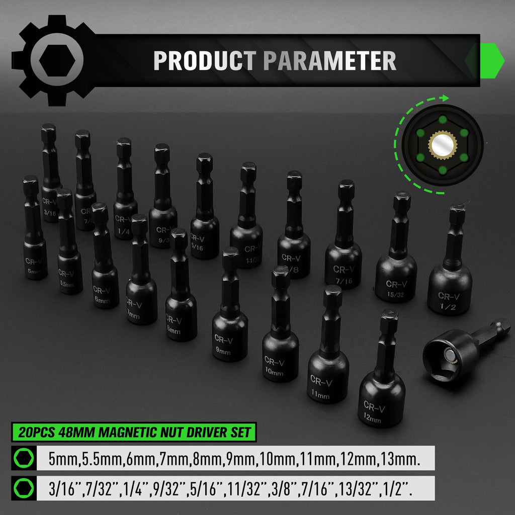 20-Piece Magnetic Nut Driver Set, Metric & SAE 1/4" Hex Shank, Drill Socket Set, Impact Driver Bit Set, Magnetic Bit Holder with Aluminum Alloy Snap Clip, Quick Change Tool