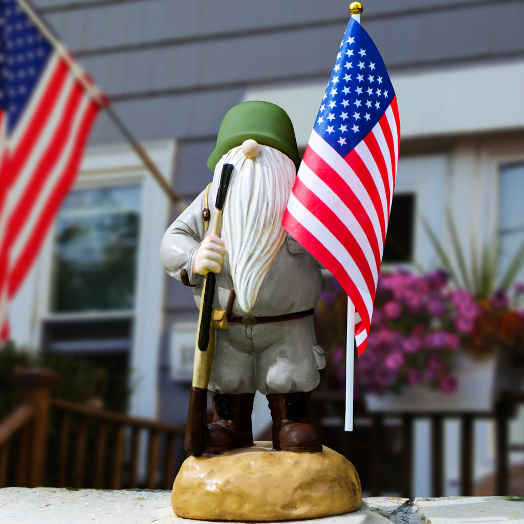 Redwix Patriotic Solar Garden Gnome with American Flag, 11" Resin Armed Garden Gnomes Outdoor Statue, Military Yard Gnome Decor, Gift for 4th of July, Memorial Day, Veterans Day