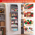 Over Door Wrapping Paper Organizer Storage with 3 Removable Drawers & Side Pockets – Dual Use Design with Elastic Straps – Christmas Gift Wrap Storage for Ribbons, Bows, Ornament and Other Tools 1Pack
