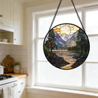 AMDERVEN Stained Glass Window Hanging, Sunset Mountains Lake Tree Sun Catcher for Window Home Decor Landscape Suncatcher Mother's Day Birthday Gifts for Women Men Mom and Nana 11.8 in